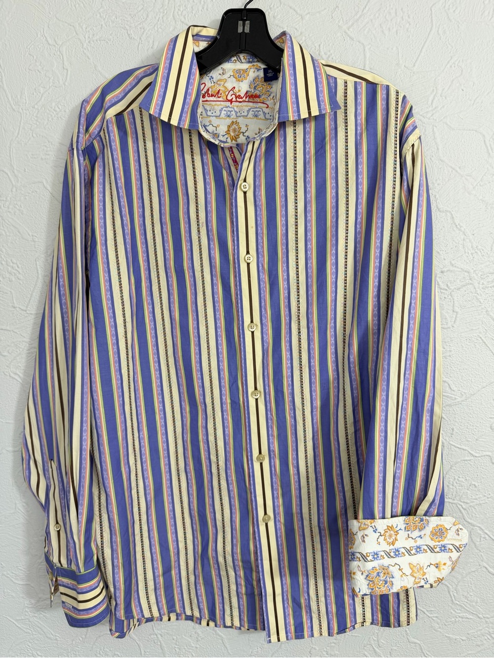 ROBERT GRAHAM Blue Yellow Embroidered Striped Shirt Men's XL Contrast Cuffs